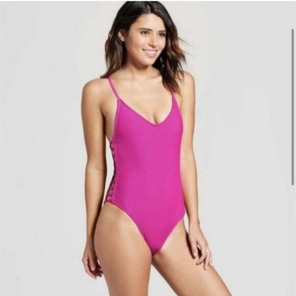 Xhilaration Mesh One Piece Swimsuit Swimwear Bathing Strappy Ladder Sides Pink S - Picture 3 of 16